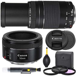 Canon EF 50mm f1.8 STM (0570C002) + Canon EF 75-300mm III (6473A003) Combo Lens Bundle + AOM Starter Kit - International Version (1 Year AOM Warranty)