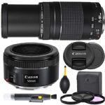 Canon EF 50mm f1.8 STM (0570C002) + Canon EF 75-300mm III (6473A003) Combo Lens Bundle + AOM Starter Kit - International Version (1 Year AOM Warranty)
