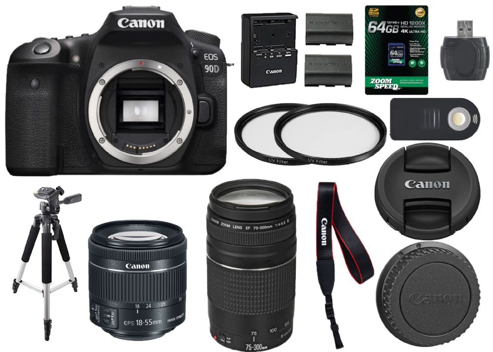 Canon EOS 90D Digital SLR Camera + 18-55mm STM + Canon 75-300mm III Lens +  SD Card Reader + 64gb SDXC + Remote + Spare Battery + Accessory Bundle
